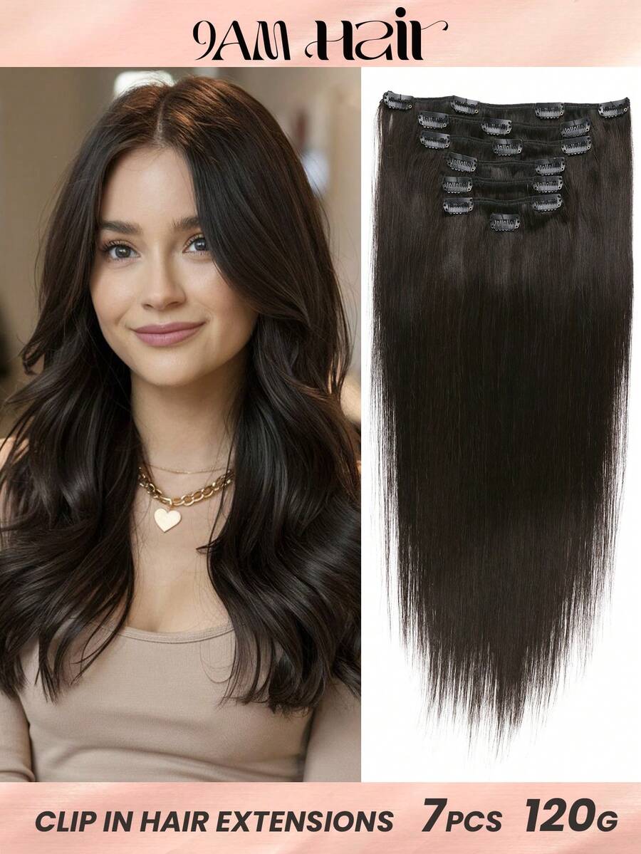 7 piezas de 120g Extensiones de cabello humano real de color negro natural con clips, extensiones de cabello humano recto Remy con clips - S1B - Ver 1