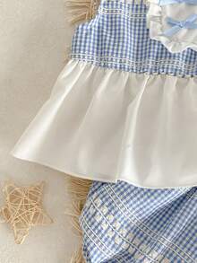 2pcs Baby/Baby GirlSweet Plaid Patchwork Sleeveless Top With Bow Accent And Ruffle Shorts Set Two Piece Set Baby Girl Baby Matching Set Summer Baby Skirt Set Blue And White Outfit For Baby Girl Little Girl Summer Sets - Blue and White - View 9