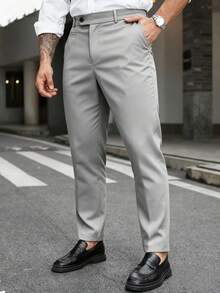 Manfinity Mode Plus Size Men's Solid Color Slant Pocket Business Casual Pants - Light Grey - View 6
