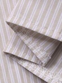 Dazy Plus 休闲条纹荷叶边领刺绣优雅长袖上衣搭配宽松直筒睡裤套装，春秋季 - 卡其色 - 查看 3