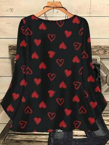 SHEIN VCAY Plus Size Women Casual All-Over Print Round Neck Loose 3/4 Sleeve Shirt, Autumn/Winter Valentine's Day - Black - View 2