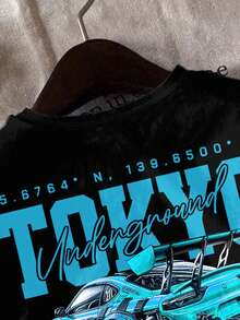 男婴休闲宽松舒适复古汽车、卡通、涂鸦、英文字母印花短袖上衣，适合夏季穿着 - 黑色 - 查看 4