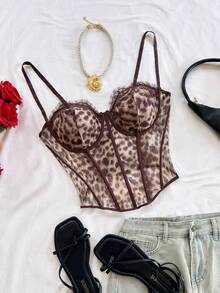 Soleia Top Bustier de Talla Grande con Estampado de Leopardo y Ribete de Encaje, Beige, Verano, Elegante, Salida Nocturna, Club, Vacaciones, Fiesta, Cita, Día de San Valentín, Festival para Mujeres - Multicolor - Ver 2