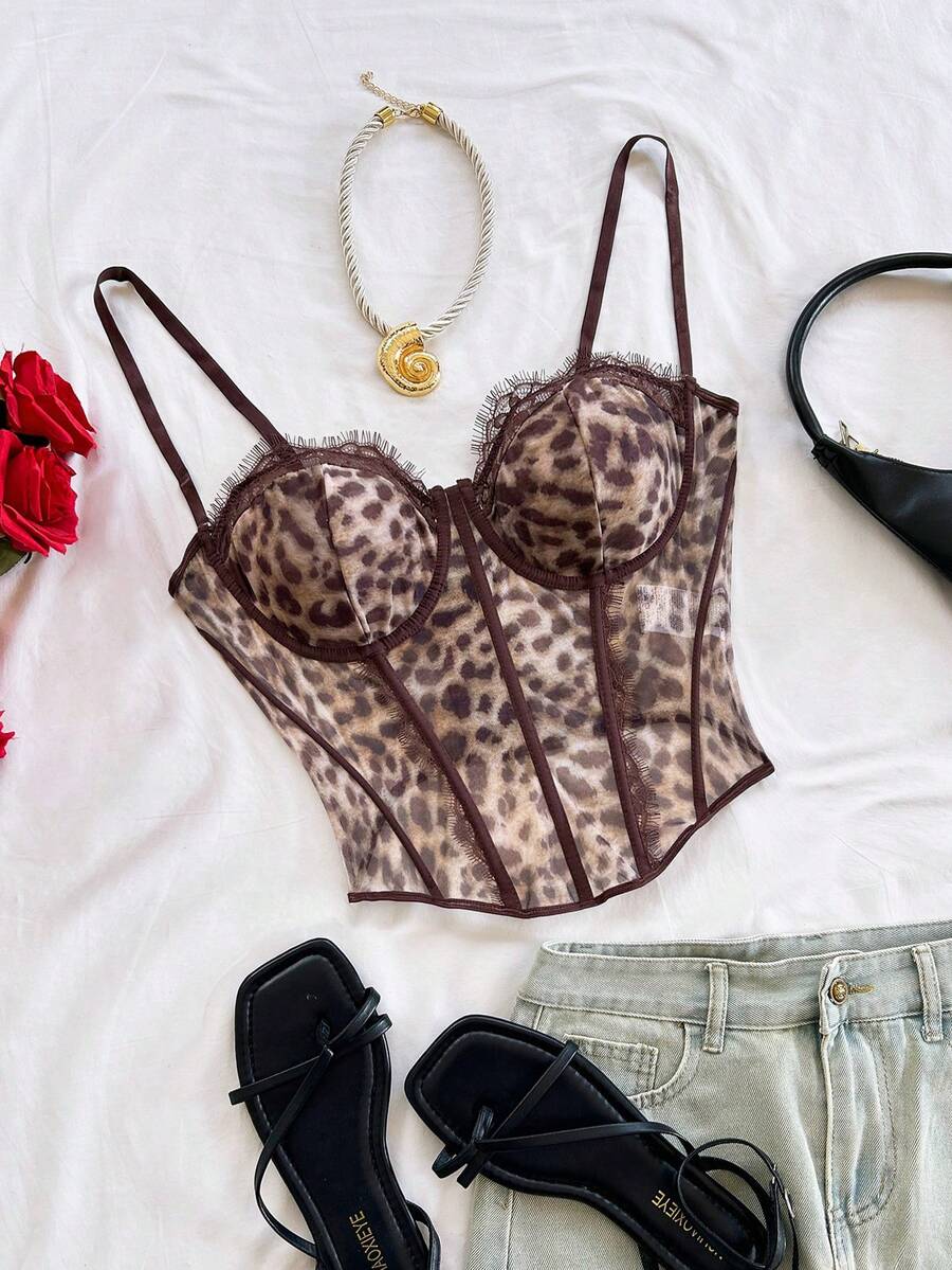 Soleia Top Bustier de Talla Grande con Estampado de Leopardo y Ribete de Encaje, Beige, Verano, Elegante, Salida Nocturna, Club, Vacaciones, Fiesta, Cita, Día de San Valentín, Festival para Mujeres