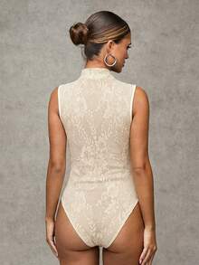 SHEIN BAE Black Lace Sleeveless Open Shoulder Ruched Bodysuits, Autumn, Halloween - Apricot - View 2