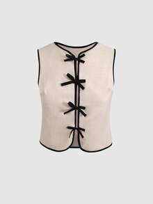 Teen Girl Bow Decor Sleeveless Shirt And Wide Leg Pants Casual Outfit