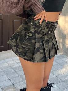 SHEIN PETITE Women's Camo Print Pleated Denim Mini Skirt With Waist Buckle Design - Multicolor - View 3