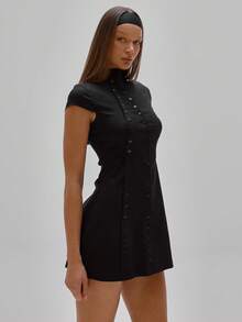 MUSERA 高领纽扣细节收腰短袖迷你连衣裙，适合派对、性感、夜间外出、优雅场合、情人节、新娘、婚礼、订婚、情人节夏季等场合。 - 黑色 - 查看 4