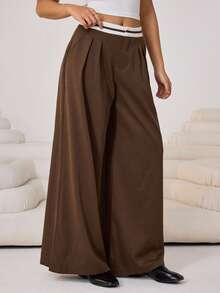 Aidyla 女士休闲日常办公通勤撞色条纹腰部褶裥宽松阔腿裤 - 棕色 - 查看 1