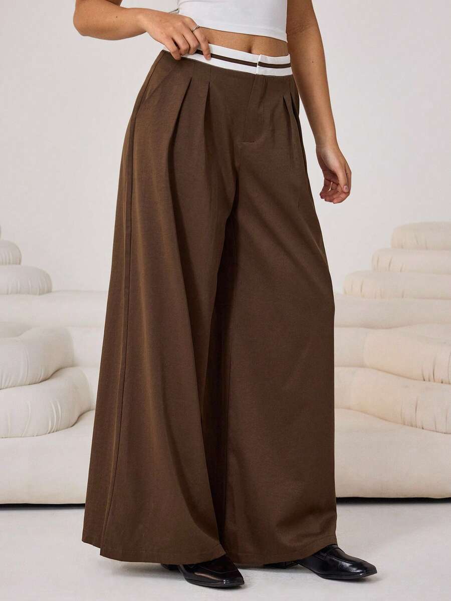 Aidyla 女士休闲日常办公通勤撞色条纹腰部褶裥宽松阔腿裤 - 棕色 - 查看 1