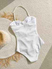 SHEIN Teen Girls Black 1pc Detachable Strap Hollow Starfish Accent Ruched One-Piece Swimsuit Summer,Beach - Apricot - View 2