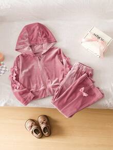 Young Girl' Pink Velvet Bow Casual Outfit - Pink - View 1