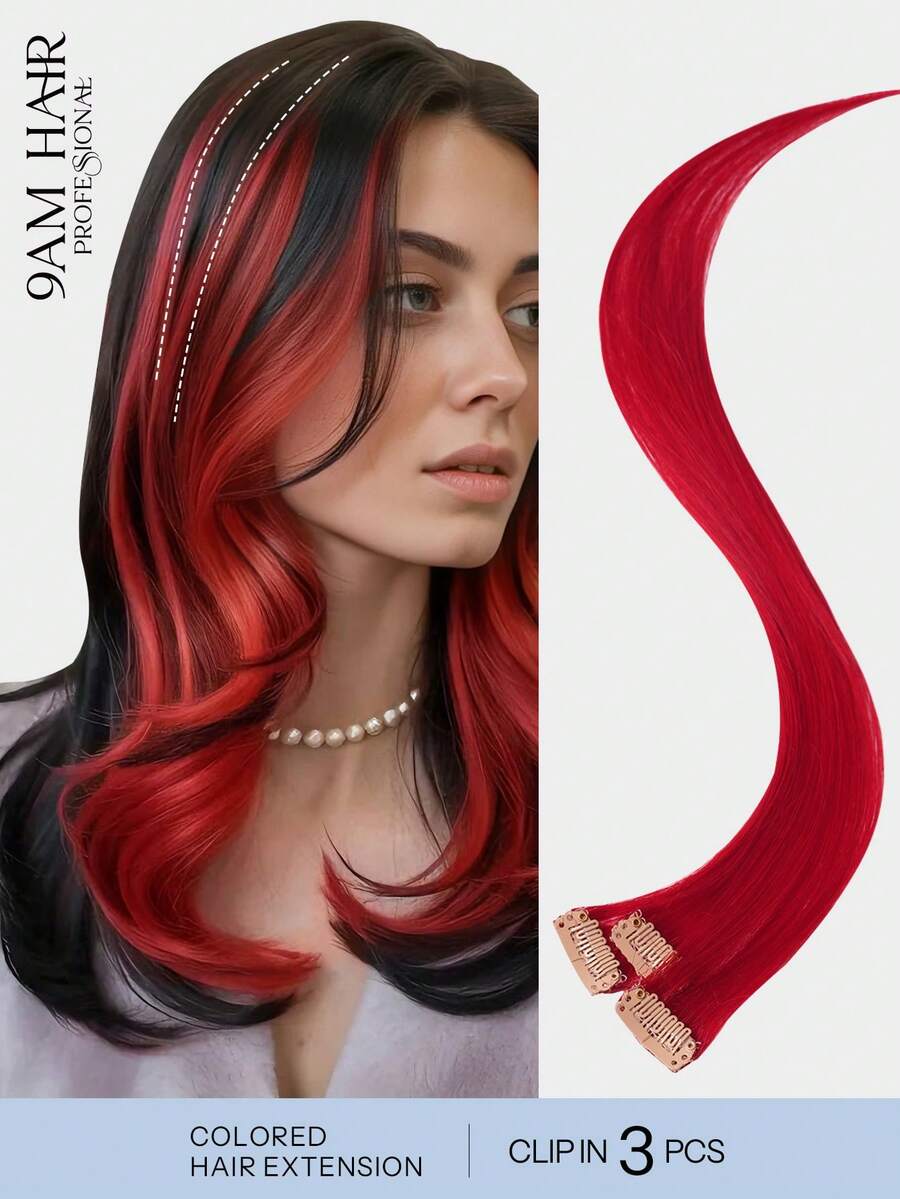 3片装彩色夹式接发，18英寸长直发，100%真人发丝，红色，隐形直发挑染，彩色发片，彩虹接发，适合女性女孩日常佩戴，冬季、圣诞节、万圣节装扮，秋季穿搭，女士秋季穿搭 - SRed - 查看 1