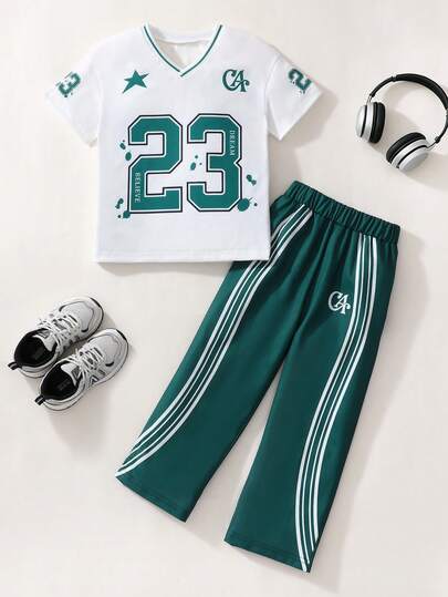 SHEIN Casuvi Kids Young Boy Casual Daily Commute Fashion Street Sports Numeric Print V-Neck Short Sleeve T-Shirt And Straight Leg Pants Set, Spring/Summer/Autumn