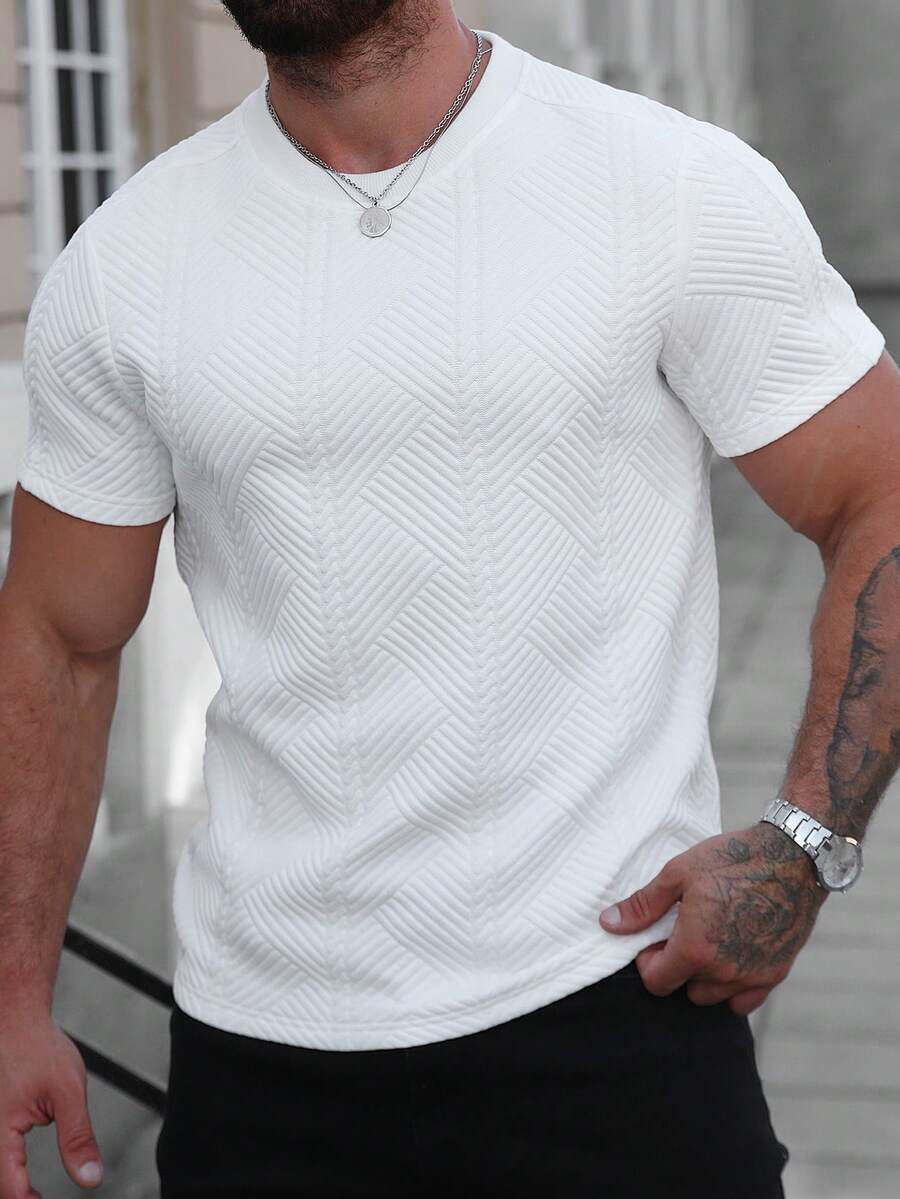 Manfinity Homme Plus Size Men's Jacquard Crew Neck Short Sleeve T-Shirt, Featuring Shoulder Patchwork Design, Casual T-Shirt In Yamamoto Style, Suitable For Men's Leisure, Fashion Office, Commuting, Casual Dates, Can Be Worn Alone Or Paired With Casual Outfits, Popular T-Shirt For Spring And Autumn - White - View 1