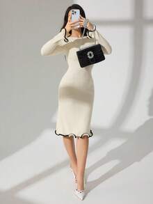 Modelyn Autumn/Winter Sexy Ruffle Hem Ribbed Knit Long Sleeve Bodycon Dress Fall Cloth For Women - Beige - View 6