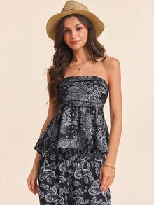 Coeurva 女士修身无肩带印花梭织上衣，适合春夏度假穿着 - 黑與白 - 查看 4