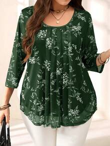 Miaspire Plus Size Women's Elegant Dark Green Floral Print 3/4 Sleeve Blouse,Autumn Everyday Casual Vacation Spring Break Holiday Fashionable Top - Green - View 4