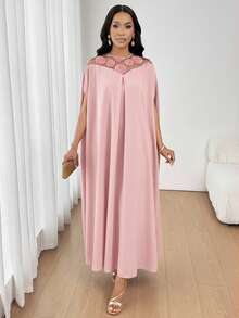 xheSHEIN Lady Vestido suelto de mujer elegante con mangas de murciélago de malla de contraste, otoñoxhe - Rosa vieja - Ver 3