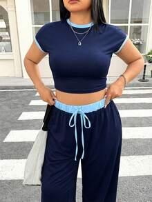 Muchica 大码女式休闲撞色短款T恤和裤子套装 - 藏蓝色 - 查看 5