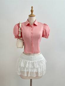 SHEIN Unity Camisa feminina de cor sólida com gola dobrável, abotoamento simples, moderna e versátil para o dia a dia. Manga bufante. - Rosa - Ver 1