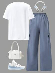 SHEIN 2pcs/Set Teenage Girls Casual Fashion Cartoon Girl Graphic Round Neck Short Sleeve Top And Cargo Pants Set - Dusty Blue - View 2