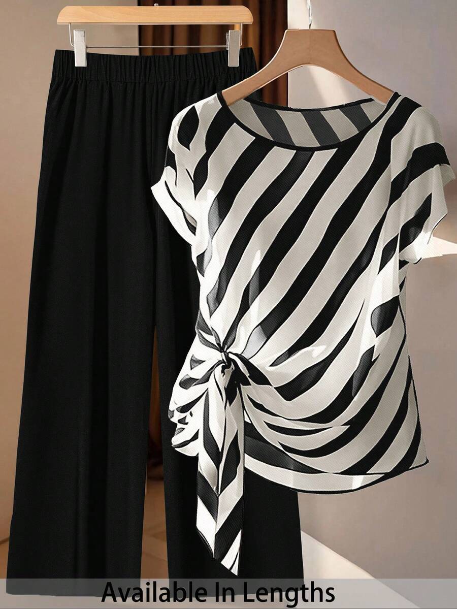 SHEIN CURVE+ 大码休闲通勤撞色条纹领带衬衫和纯色长裤两件套/2026/新年 - 黑與白 - 查看 1