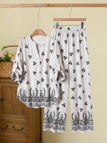Rusticease Áo sơ mi tay bồng in hoa và quần ống rộng cho nữ, trang phục thường ngày đi nghỉ mát, bộ đồ ngủ thường ngày cho nữ, bộ đồ ngủ 2 mảnh, bộ đồ ngủ cho nữ, bộ đồ ngủ mặc nhà, bộ đồ ngủ in họa tiết cho nữ. - Nhiều màu - Xem 3