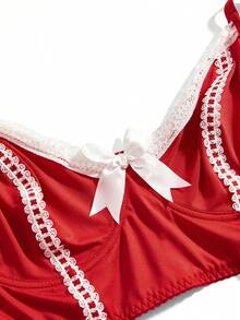 Fantasy Costume Bộ đồ lót cỡ lớn 5 món với chất liệu lụa sữa, ren, nơ trang trí và gọng nâng ngực, thích hợp cho ngày Valentine. - Đỏ và trắng - Xem 5