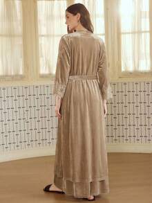 MOTF PREMIUM VELVET EMBROIDERED FLORAL LACE PATCHWORK ELEGANT BELTED ROBE - Champagne - View 6