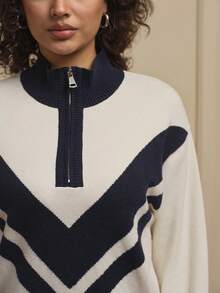 SHEIN Unity Women's Stand Collar Zipper Half Placket Color Block Casual Versatile Daily Workout Sports Long Sleeve Sweater - Blue and White - View 5