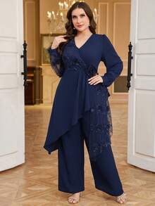 Reflora Bộ đồ dự tiệc thanh lịch dành cho nữ cỡ lớn: Áo dài tay cổ chữ V vạt không đều xếp ly phối màu tương phản + Quần ống đứng ôm sát - Màu xanh hải quân - Xem 8