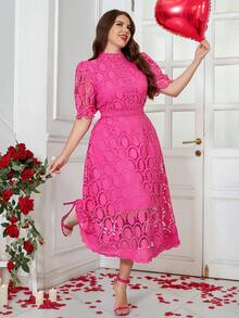 Reflora 大码女式白色蕾丝中长连衣裙，优雅短袖夏季连衣裙 - 玫紅色 - 查看 5