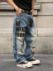 Manfinity EMRG Men's Printed Distressed Wide Leg Jeans - Light Wash - View 6