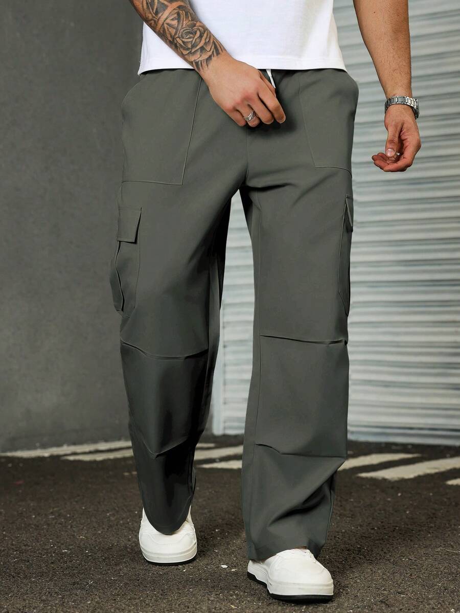 Manfinity Homme Pantalones cargo casuales de unicolor para hombres de talla grande - Gris - Ver 1