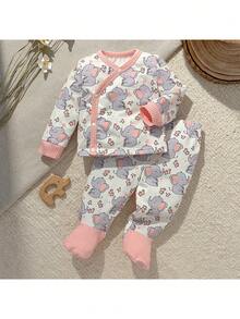 Loomiva 新生女宝宝卡通熊图案针织柔软圆领长袖套头衫和松紧腰裤两件套 - 彩色 - 查看 3