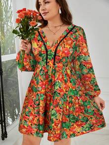 SHEIN VCAY Đầm thời trang cỡ lớn dành cho nữ, in hoa, hở lưng, buộc dây, tay phồng. - màu đen - Xem 2