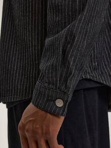 Musero Pinstripe Collared Long Sleeve Button Through Denim Jacket Shacket Style Jean Fabric Top Spring Summer - Black and White - View 6