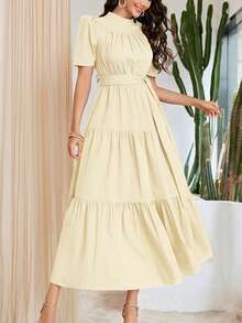 Mulvari Women's Solid Color Stand Collar Short Puff Sleeve Ruffle Hem Elegant Arabic Style Dress French Style Dress Cottagecore Dress - Yellow - View 5