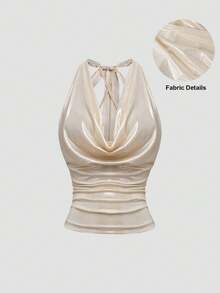 Modelyn Sexy Backless Draped Neck Glitter Draped Women Top - Champagne - View 2