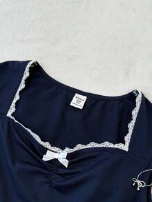 SHEIN Tween Girls' Blue Knit Ruched Bust Lace Trim Form-Fitting Long Sleeve Versatile T-Shirt Top - Navy Blue - View 3