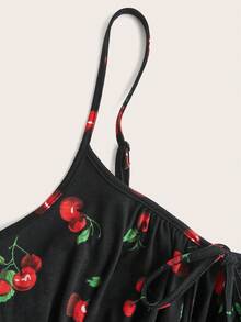 SHEIN EZwear 大码女式樱桃印花前系带连体裤连衣裙 - 黑色 - 查看 5