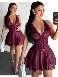 SHEIN SXY Women's Sexy V-Neck Lace-Up Ruffle Hem Mini Cami Dress, Sexy Dress For Club, Swimdress, Bikini Dress, Swimming Dress, One Piece Bathing Suit With Skirt,Vacation,Valentine's Day,Red Dress,Going Out - Burgundy - View 6