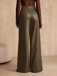 Anewsta Women's PU Leather High Waist Wide Leg Pants, Casual Business Wear, New European And American Style, Suitable For Halloween, Autumn/Winter - Army Green - View 2