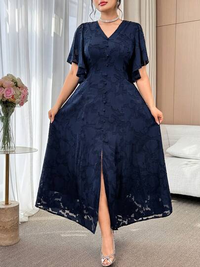 Modelyn 大码女式V领镂空荷叶袖纽扣设计优雅连衣裙