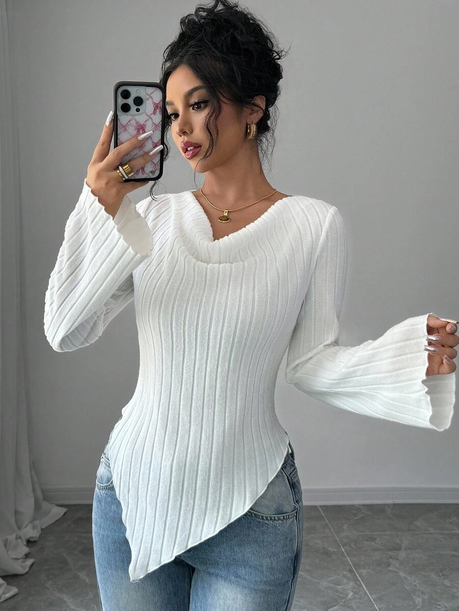 SHEIN PETITE Women's Elegant Romantic Ribbed Flared Sleeve Crew Neck Long Sleeve T-Shirt - White - View 1
