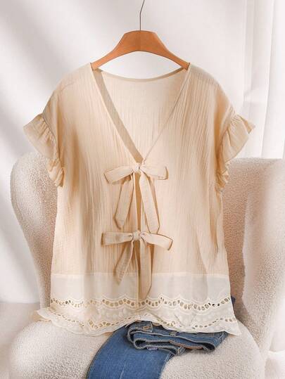 CosyJoli 大码女式短袖衬衫，蝴蝶结领衬衫，杏色上衣，荷叶边上衣，休闲女装