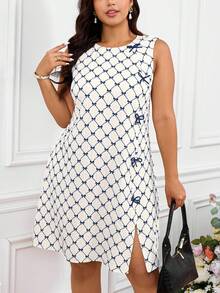 SHEIN Frenchy Vestido con estampado total y dobladillo dividido talla grande - Azul Marino - Ver 6