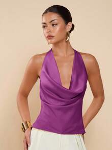 COSMINA Áo hai dây cổ yếm hở lưng màu trơn dành cho nữ, kiểu dáng gợi cảm. - Màu tím - Xem 2