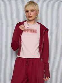 COUREZ 短款修身拉链连帽衫 / Y2K 春季女装 舒适街头风 红色连帽衫 性感时尚休闲装 外出装 生日装 - 紅色 - 查看 4